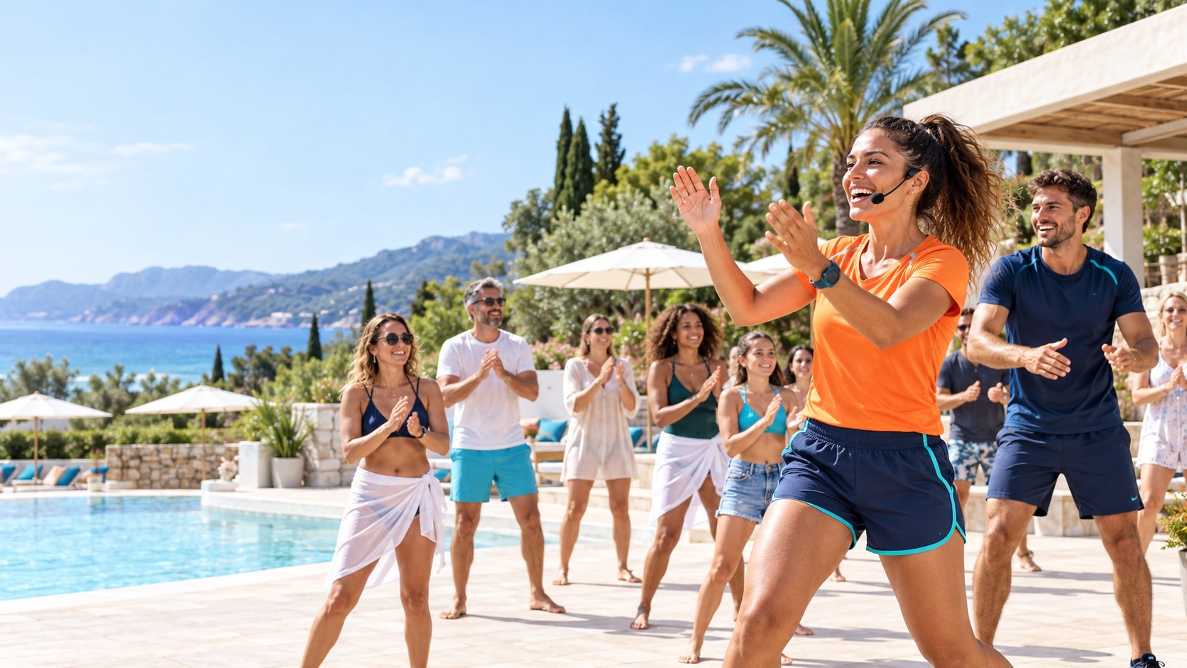 Animatrice guidant une activité collective au bord de la piscine d’un établissement touristique en PACA